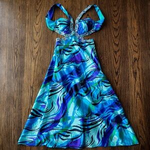 Y2K Beaded Prom Dress Open Back Turquoise Low Back Formal Gown
